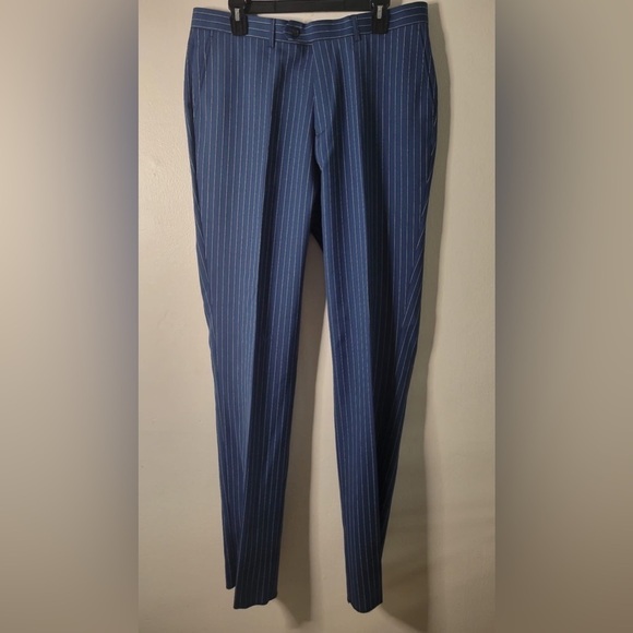Zanetti Men's Size 36R  Raw Hem Navy Stripe Slim Fit Pzem 100% Wool Dress Pants - Picture 1 of 8